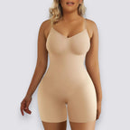 Celviroa almond seamless high-waist shapewear bodysuit made of stretchable polyester for tummy control and a smooth silhouette.