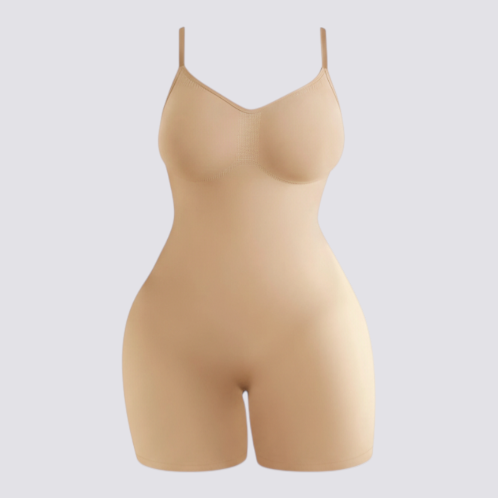 Celviroa beige seamless high-waist shapewear bodysuit made of stretchable polyester for tummy control and a smooth silhouette.