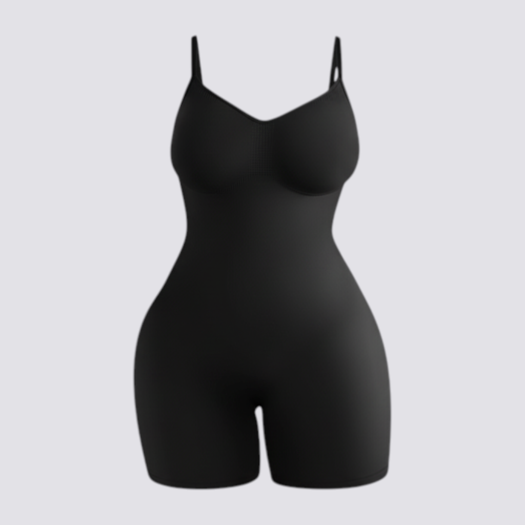 Celviroa beige seamless high-waist shapewear bodysuit with spaghetti straps and tummy control.