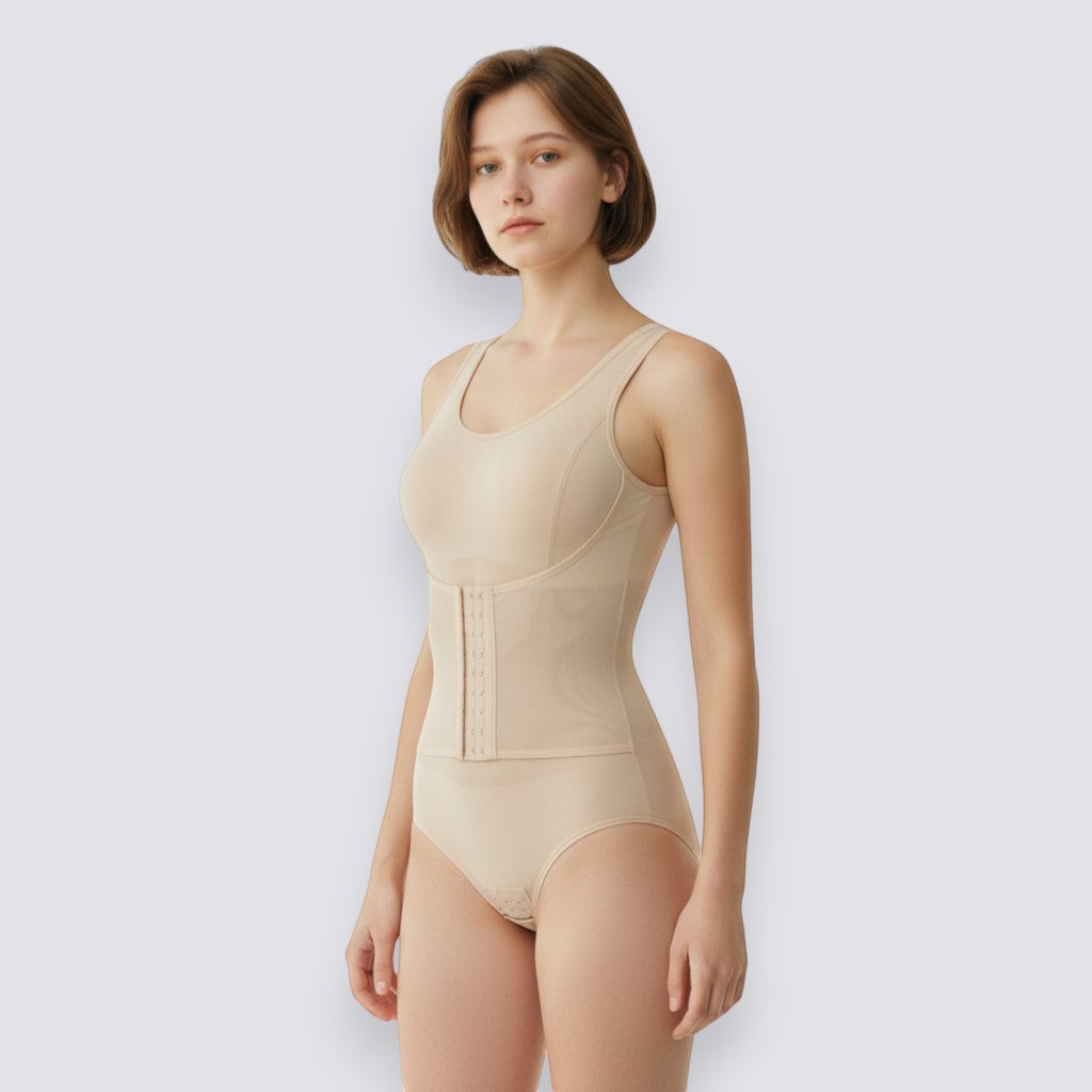 Celviroa beige seamless shapewear bodysuit with medium control compression, removable pads, and wide hem band.