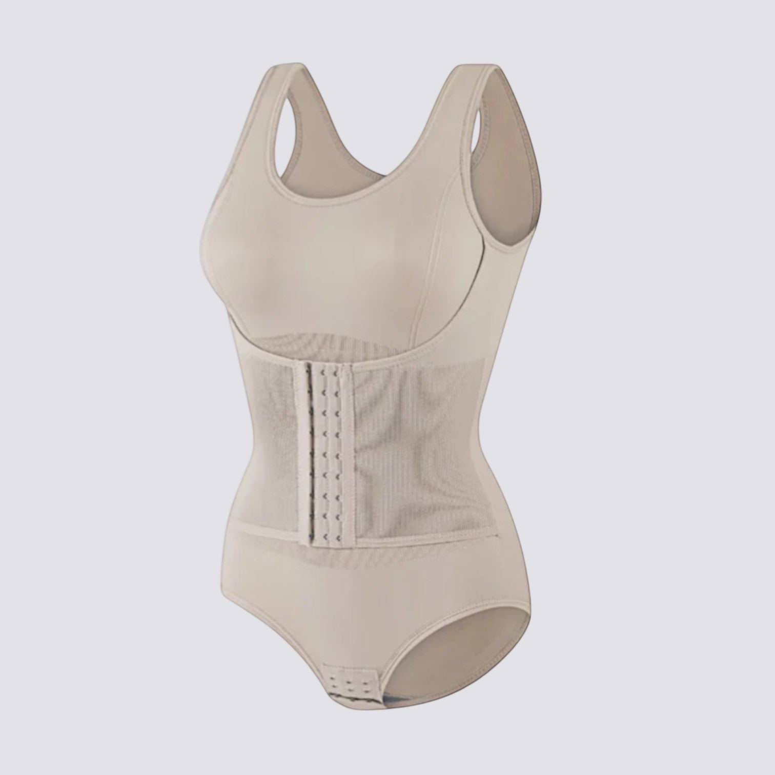 Celviroa beige seamless shapewear bodysuit with medium control compression and removable chest pads.