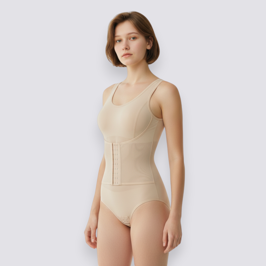 Celviroa beige seamless shapewear bodysuit with medium control compression, removable pads, and adjustable hook-and-eye closure.