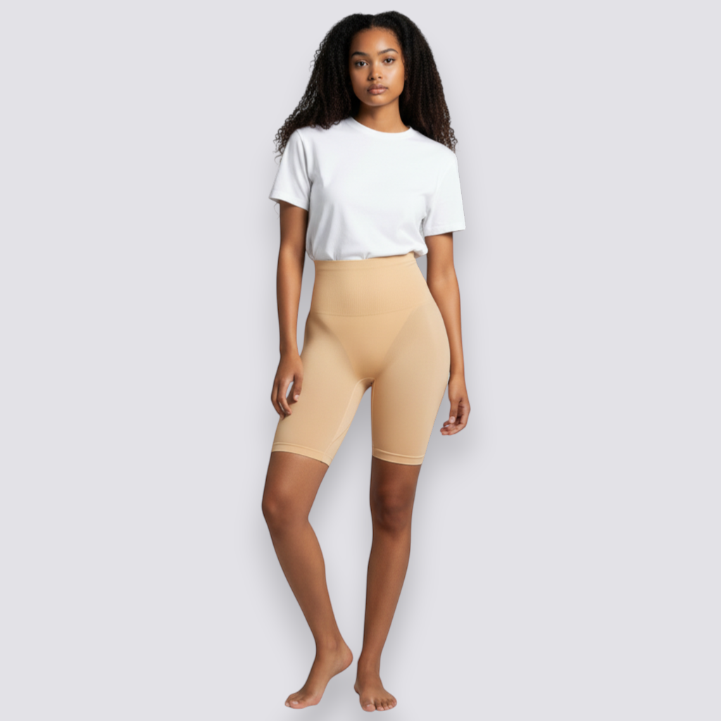 celviroa beige mid-thigh tummy control shapewear shorts with seamless high waist and thigh slimming.