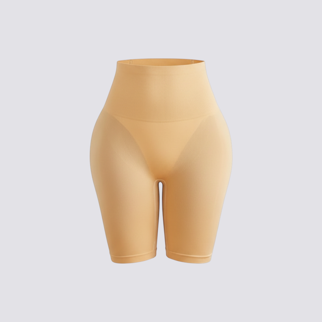celviroa beige mid-thigh tummy control shapewear shorts with seamless design and breathable fabric.
