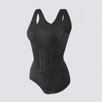 Celviroa black seamless nylon & spandex blend bodysuit with medium control compression, removable chest pads, and wide hem.