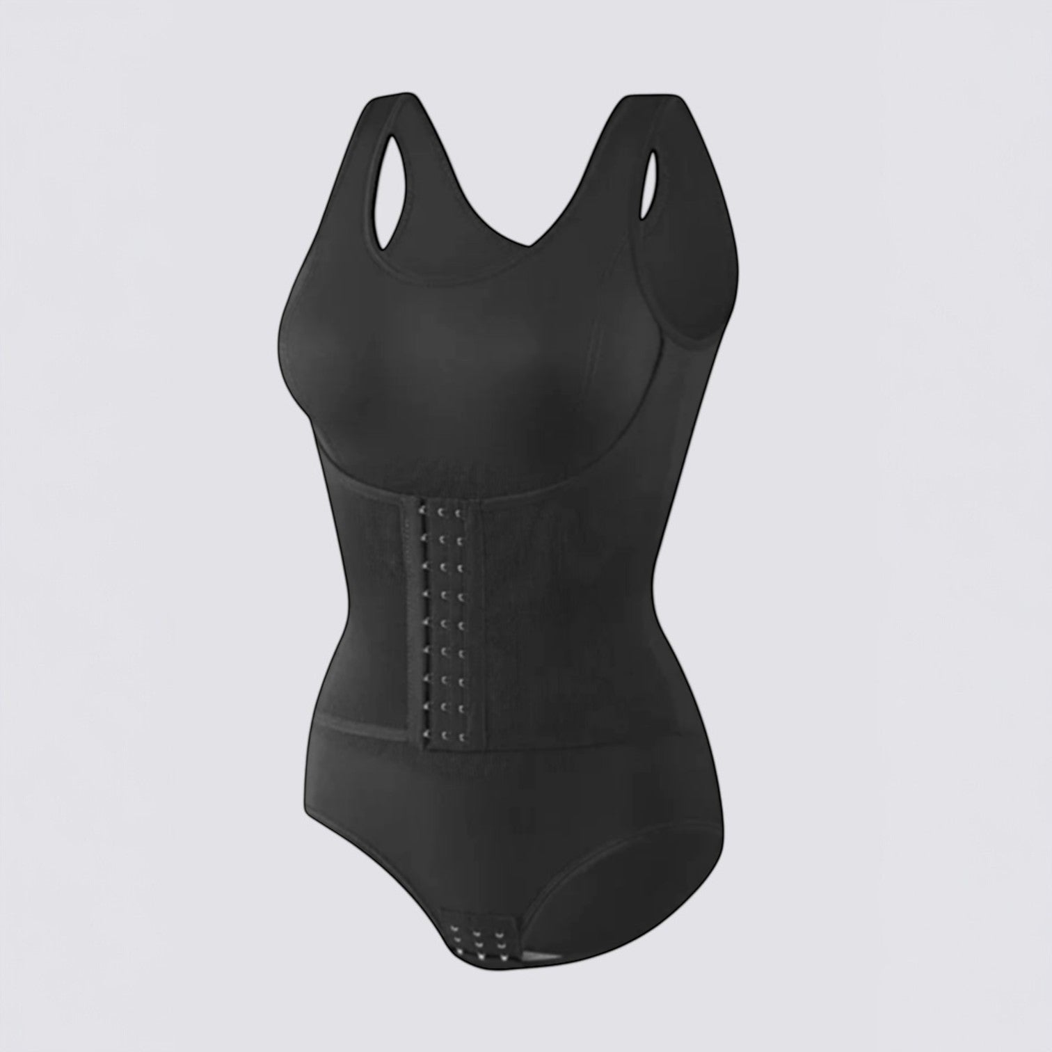 Celviroa black seamless nylon & spandex blend bodysuit with medium control compression, removable chest pads, and wide hem.