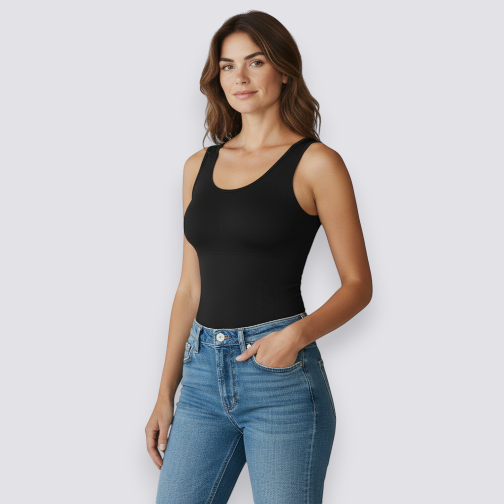 Celviroa black seamless compression shapewear camisole with removable pads and lace straps.