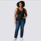 Celviroa black lace trim comfort tank top with ruched detail and V-neck, worn by a model with jeans.