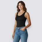 Celviroa black plus size compression shapewear camisole with removable pads and lace straps, made of nylon and spandex.