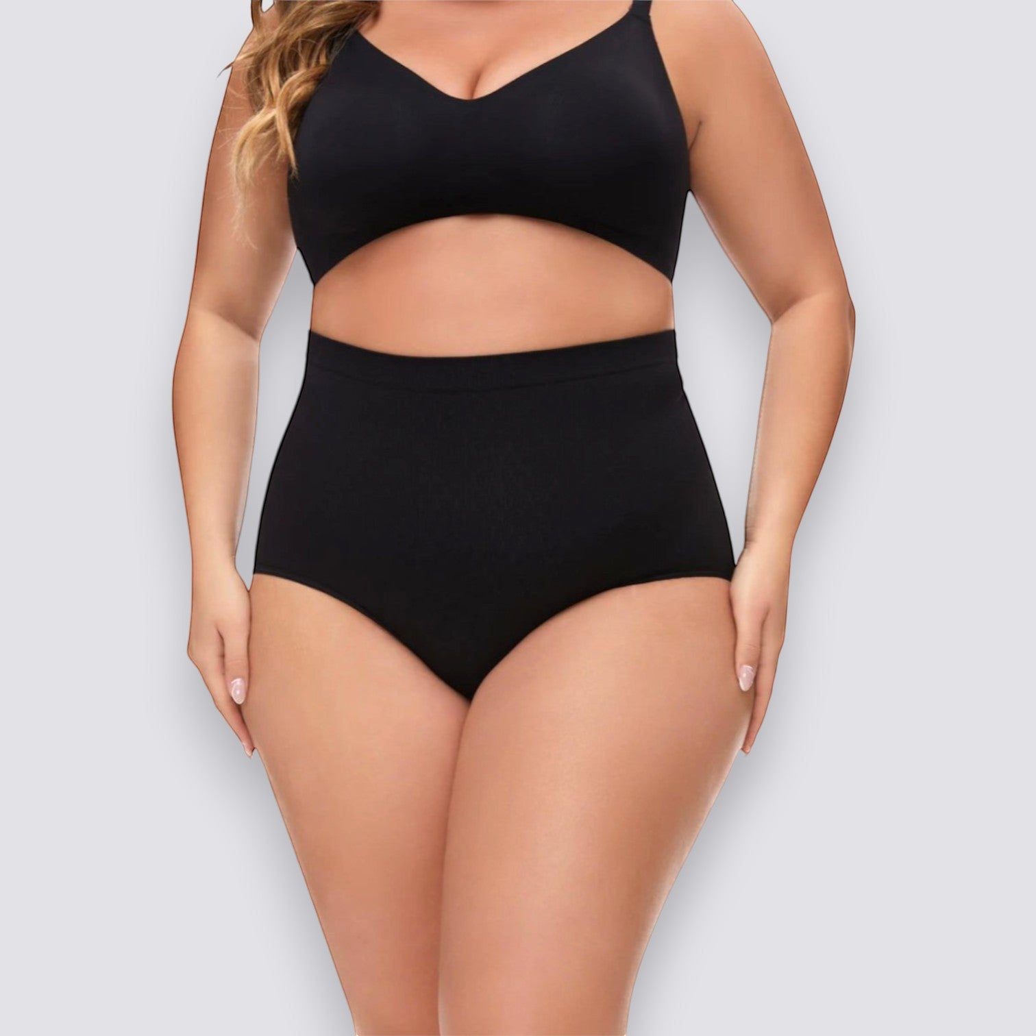 Celviroa black plus size high-waist shapewear shorts made of soft, breathable nylon with medium compression for tummy control and a smooth silhouette.