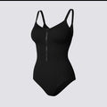 Celviroa black ribbed seamless zipper tummy control bodysuit with adjustable straps and medium compression.
