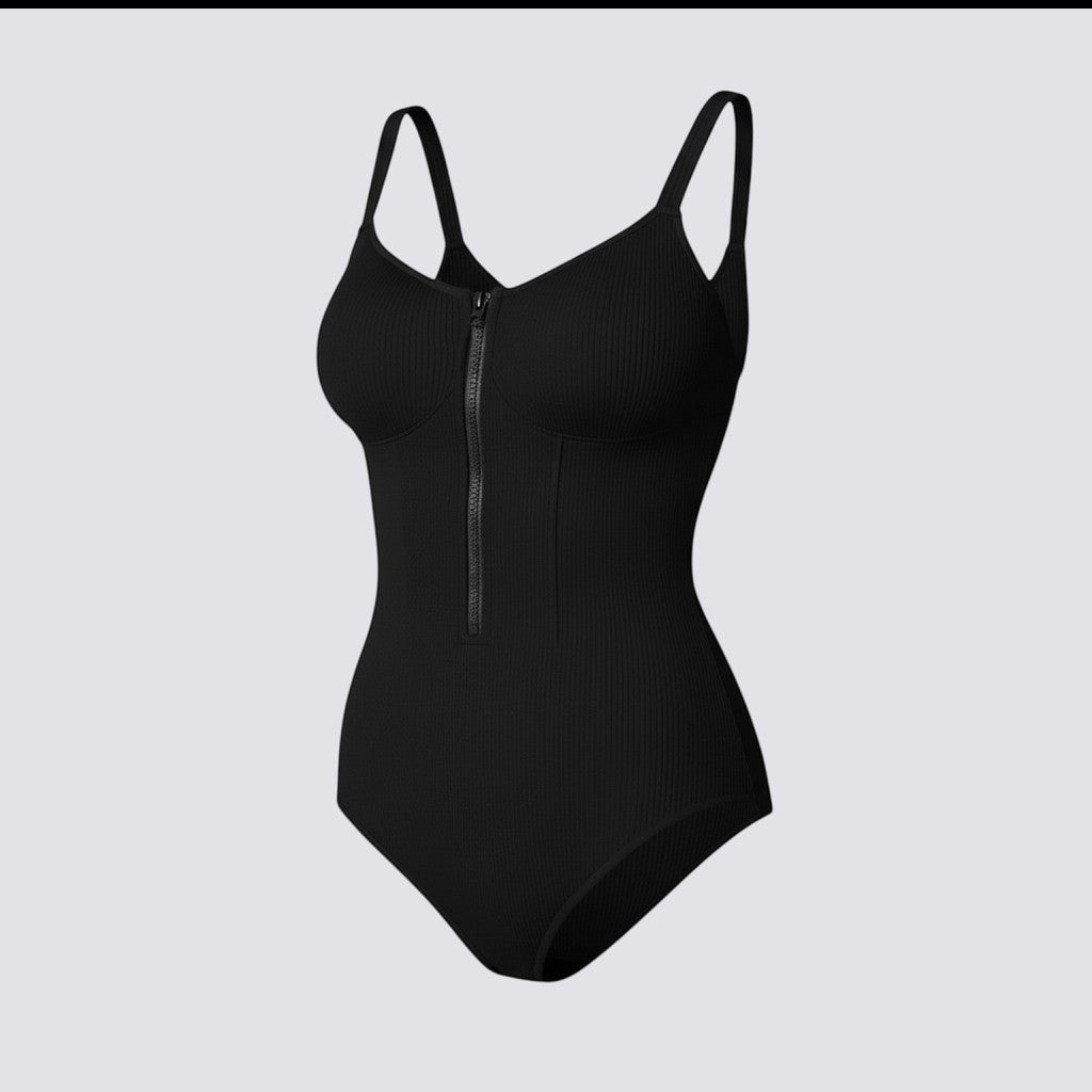 Celviroa black ribbed seamless zipper tummy control bodysuit with adjustable straps and medium compression.