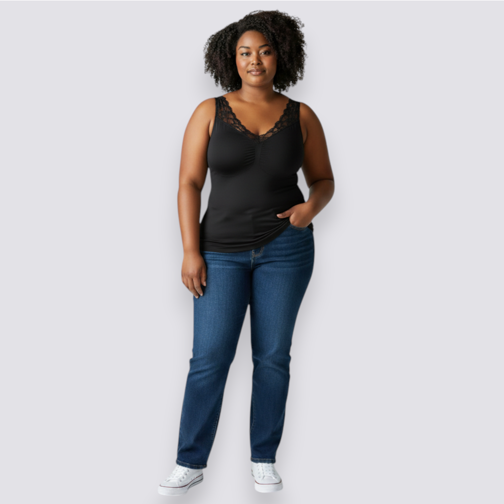 Celviroa black seamless nylon & spandex blend SculptFit Bra Tank with lace trim straps and removable pads.