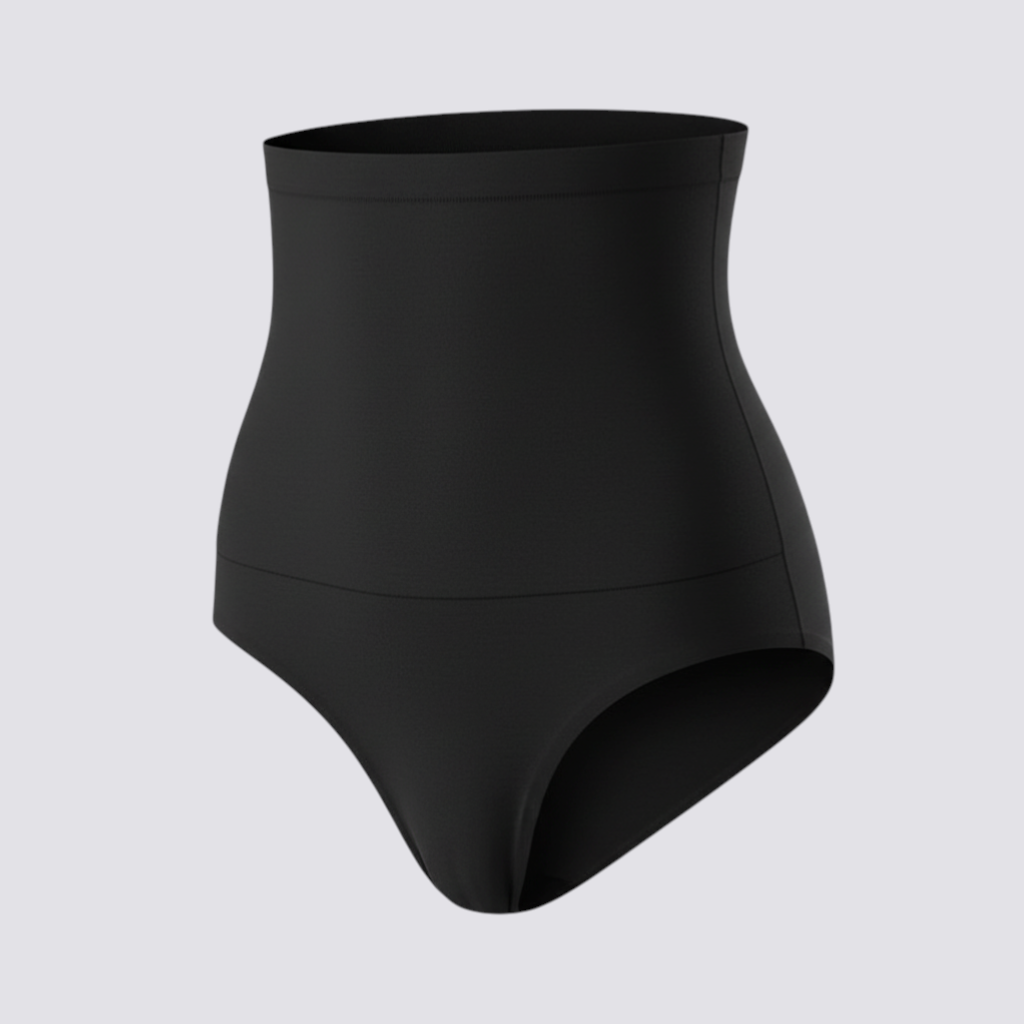 Celviroa black seamless high-waisted thong body shaper with tummy control and waist sculpting. Breathable, stretchy fabric.