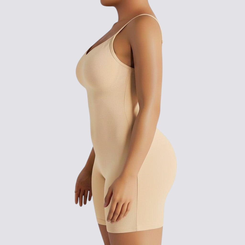 Celviroa black seamless flat belly shapewear bodysuit with medium compression and spaghetti straps, made of stretchable polyester.