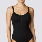 celviroa black seamless zipper tummy control bodysuit made of polyester and elastane blend with medium compression.