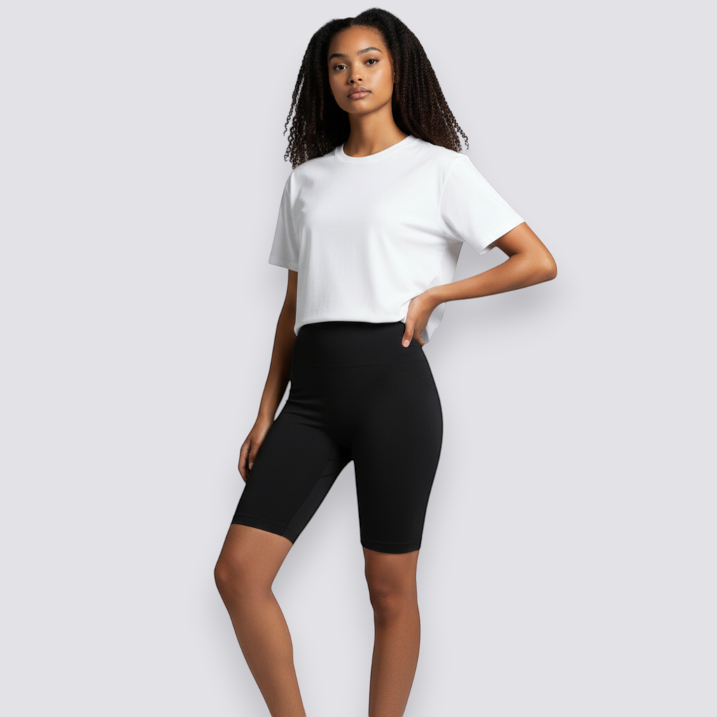 celviroa black seamless mid-thigh shapewear shorts with tummy control and butt lifting effect.