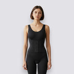 Celviroa black nylon & spandex blend waist sculpt zip bodysuit with removable chest pads and wide hem band.