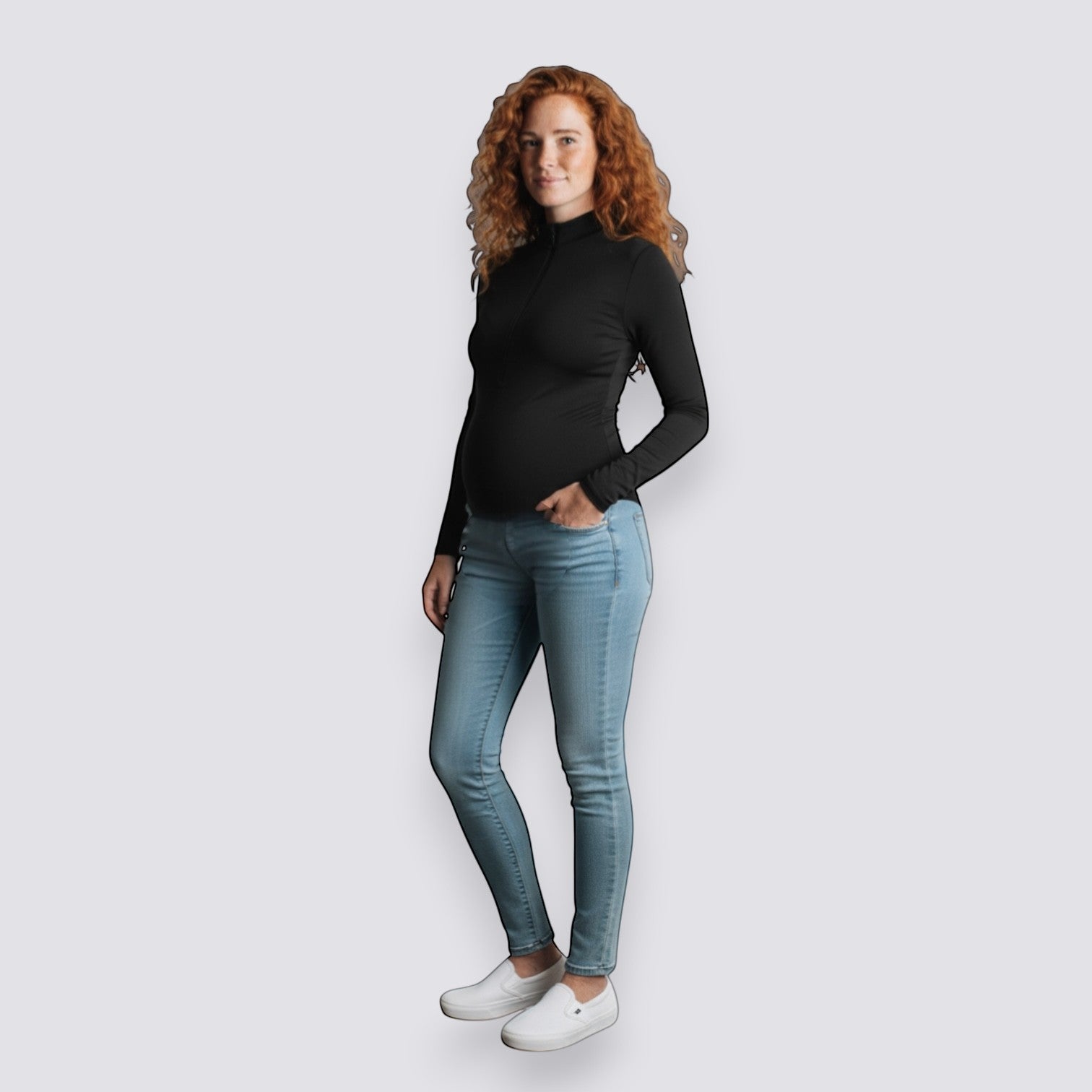 Celviroa black long-sleeve zip-front bodysuit made of polyester and spandex blend, worn by a pregnant woman.