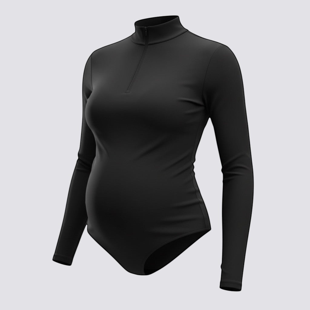 Celviroa black long-sleeve zip-front bodysuit made of polyester and spandex blend with firm control and seamless smoothing.