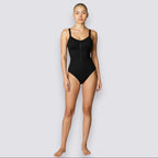 celviroa black ribbed seamless zipper tummy control bodysuit with removable pads and medium compression.