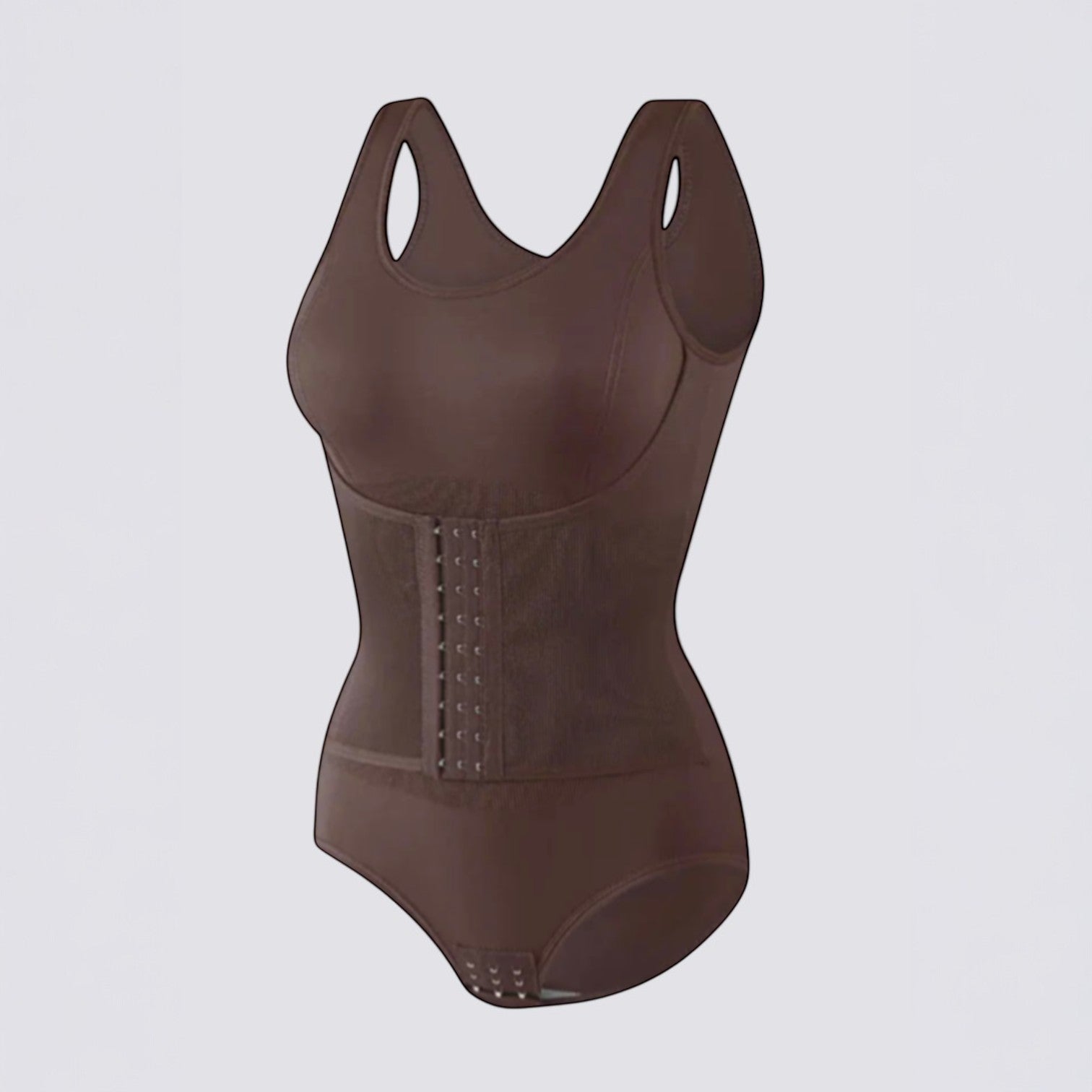 Celviroa brown seamless shapewear bodysuit with medium control compression, removable pads, and wide hem band.