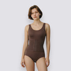 Celviroa brown seamless shapewear bodysuit with removable pads and hook-and-eye waist closure. Lightweight tummy control and back support.
