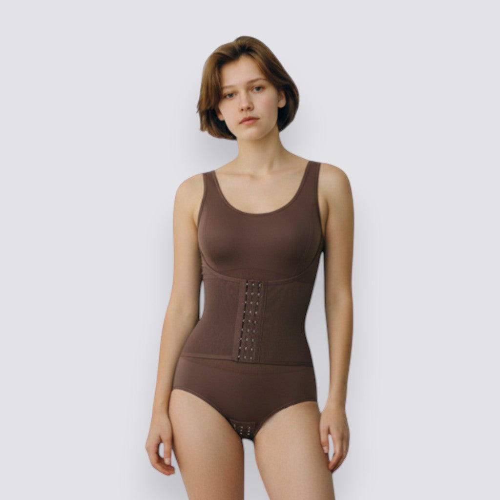 Celviroa brown seamless shapewear bodysuit with removable pads and hook-and-eye waist closure. Lightweight tummy control and back support.