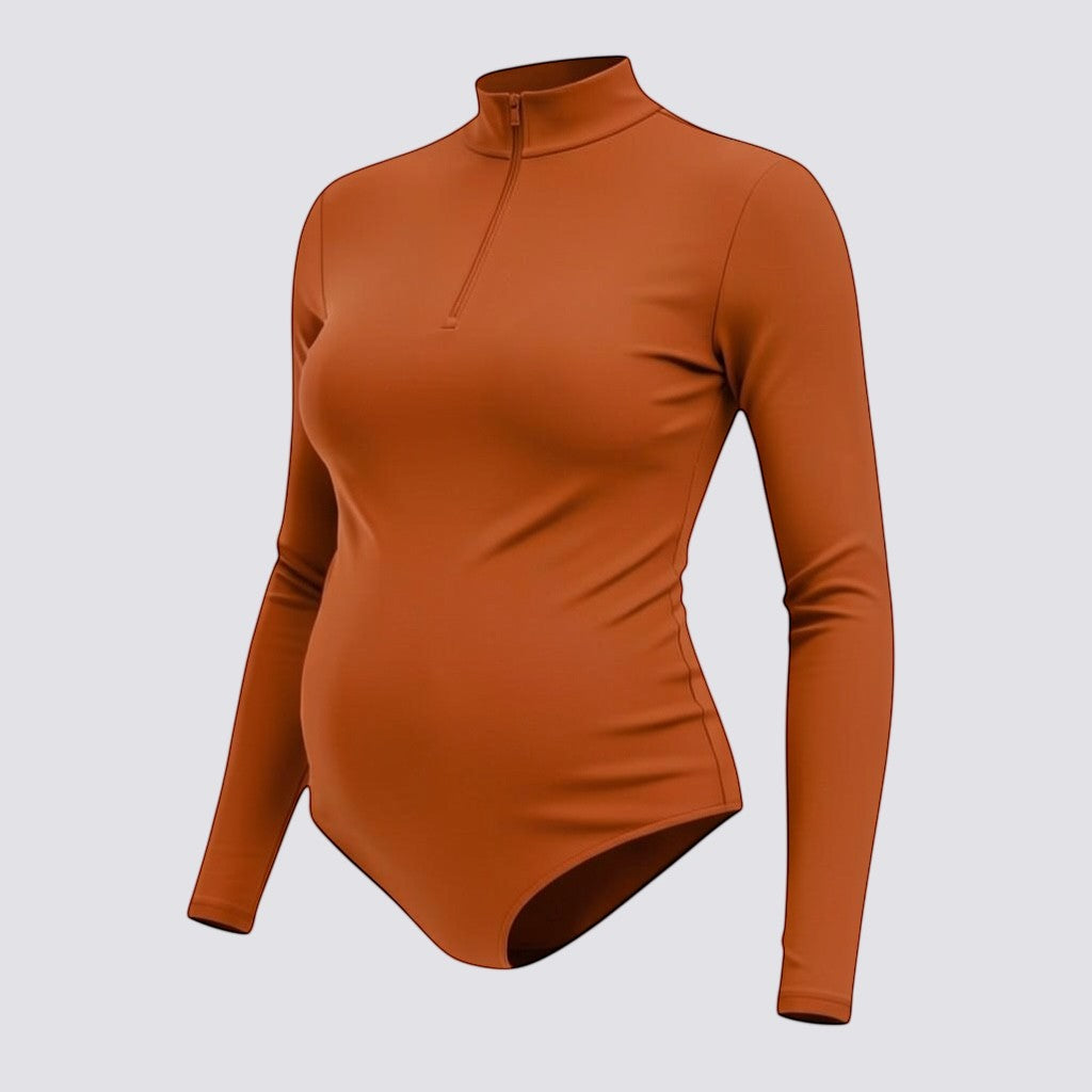 Celviroa burnt orange long-sleeve zip-front bodysuit made from a polyester and spandex blend with firm control.