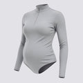 Celviroa light grey long-sleeve zip-front bodysuit made of polyester and spandex blend with firm control.