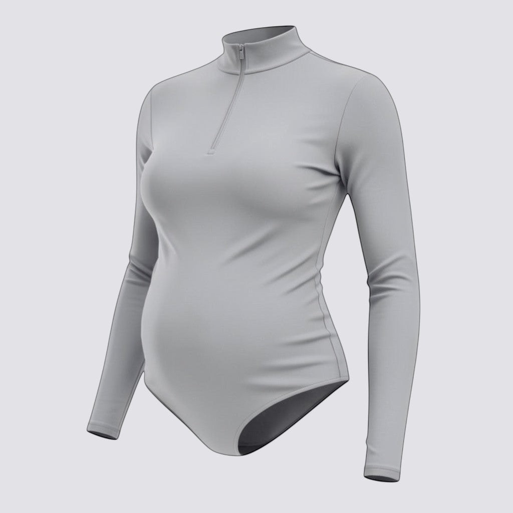 Celviroa light grey long-sleeve zip-front bodysuit made of polyester and spandex blend with firm control.