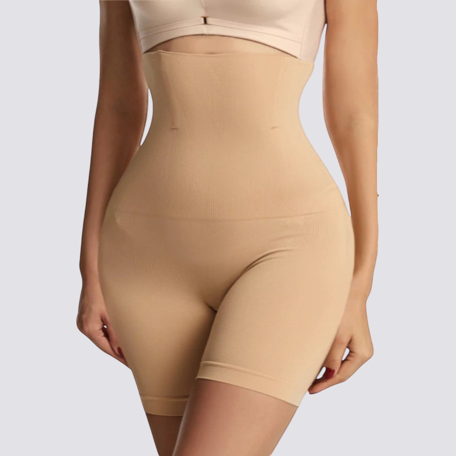 Celviroa high-waist control shorts in nude, made from a seamless nylon and spandex blend for tummy and waist sculpting.