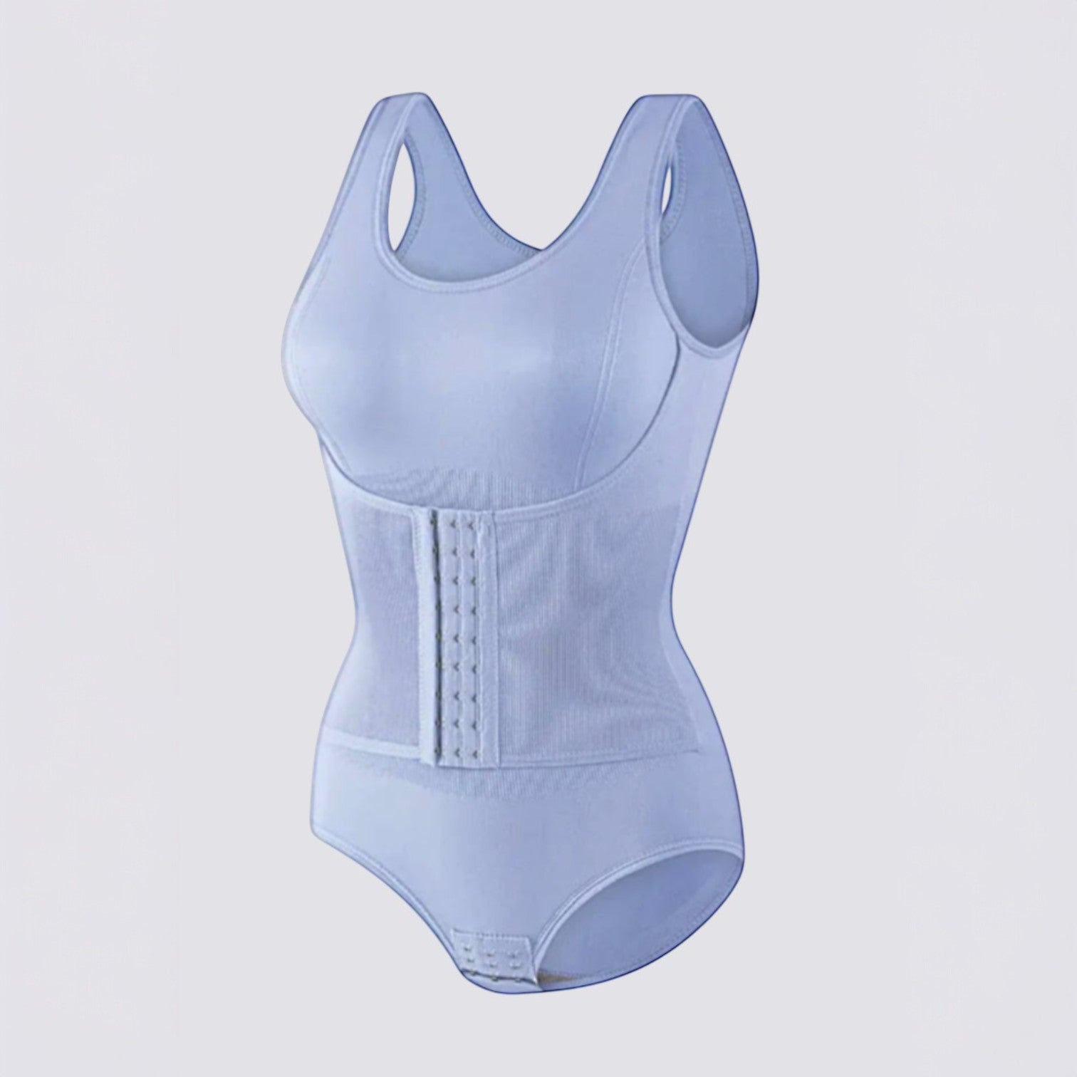 Celviroa light blue seamless shapewear bodysuit with adjustable hook-and-eye waist closure and removable chest pads.