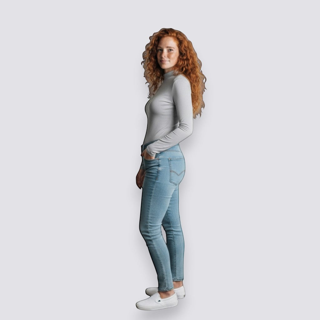 Celviroa light grey long-sleeve zip-front bodysuit made of polyester and spandex blend, worn by a woman with red curly hair.