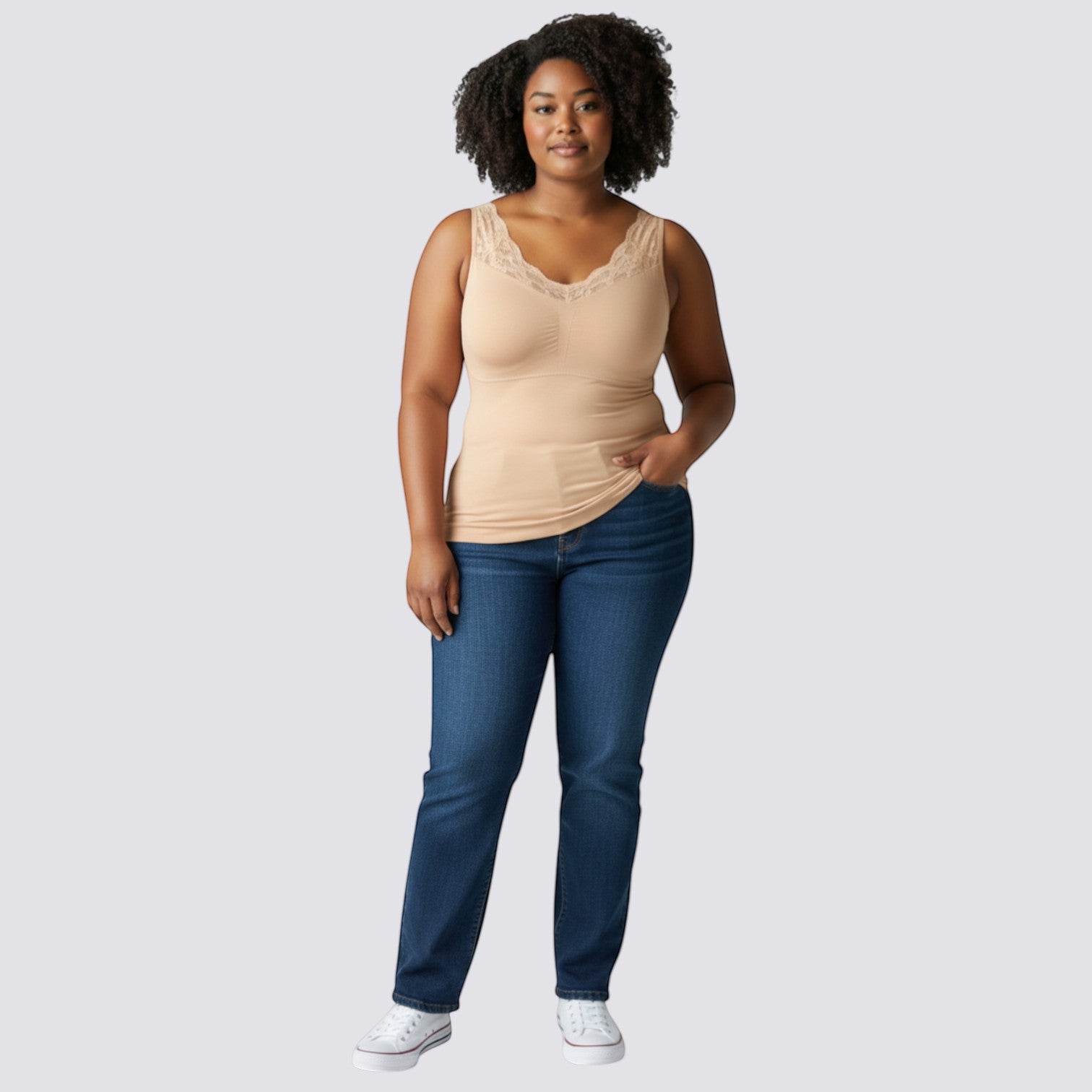 Celviroa nude lace trim comfort tank top with a flattering fit and feminine lace detail on neckline.