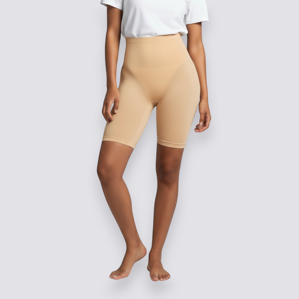 celviroa women's mid-thigh shapewear shorts in nude, seamless high-waist design with tummy control and thigh slimming.