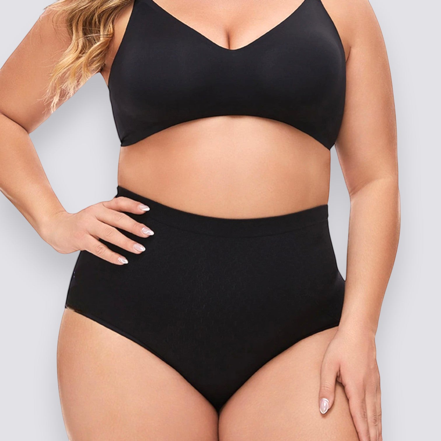 Celviroa black plus size high waist shapewear shorts made of soft, breathable nylon with medium compression for tummy control and a smooth silhouette.