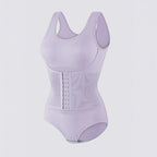 Celviroa light purple nylon & spandex blend waist sculpt zip bodysuit with removable chest pads and wide hem band.