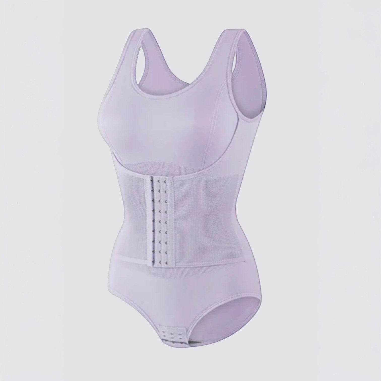 Celviroa light purple nylon & spandex blend waist sculpt zip bodysuit with removable chest pads and wide hem band.