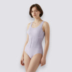 Celviroa light purple nylon & spandex blend waist sculpt zip bodysuit with removable pads and lace straps.