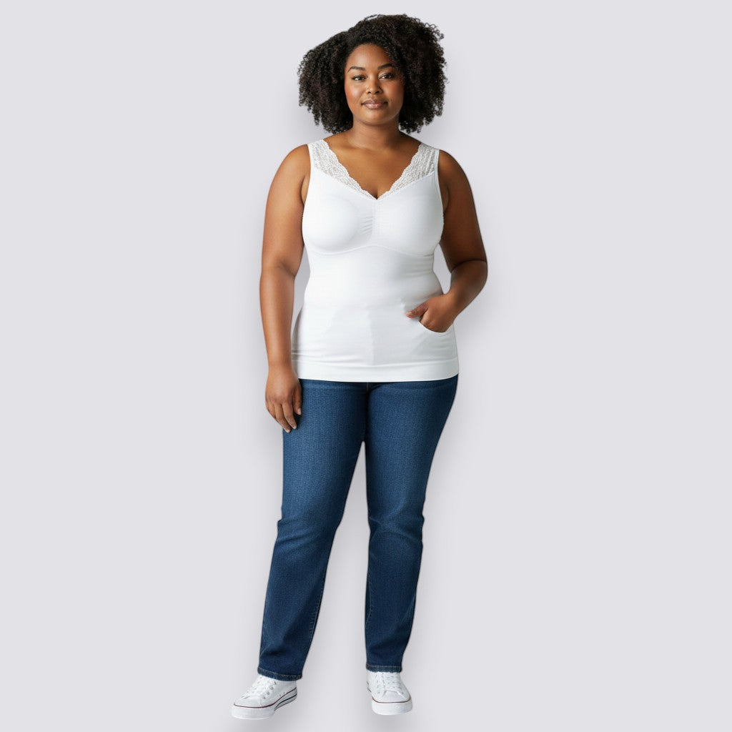 Celviroa white lace trim comfort tank top with v-neck, paired with blue jeans and white sneakers.
