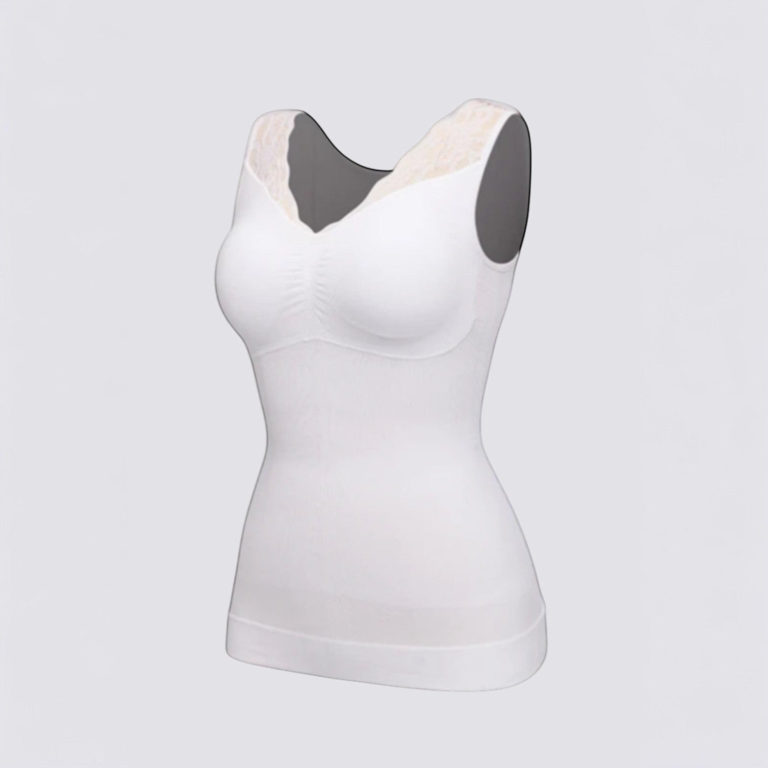 Celviroa white lace trim comfort tank top with ruched bust detail and V-neckline, perfect for layering.
