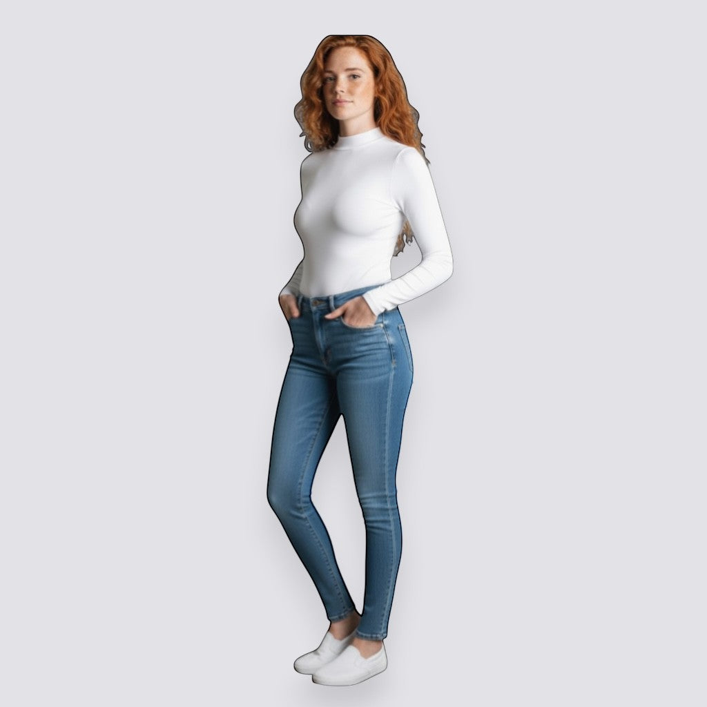 Celviroa white long-sleeve zip-front bodysuit made of polyester and spandex blend, worn by a model with red hair.