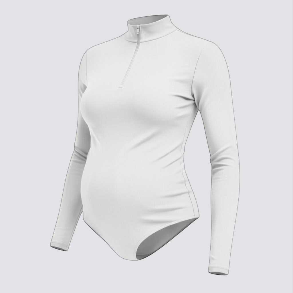 Celviroa white long-sleeve zip-front bodysuit made of polyester and spandex blend with firm control and seamless smoothing.